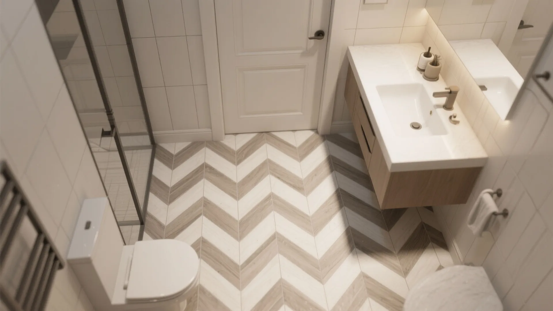 Top down bathroom view with wood pattern floor tiles plus white sink and brown cabinet