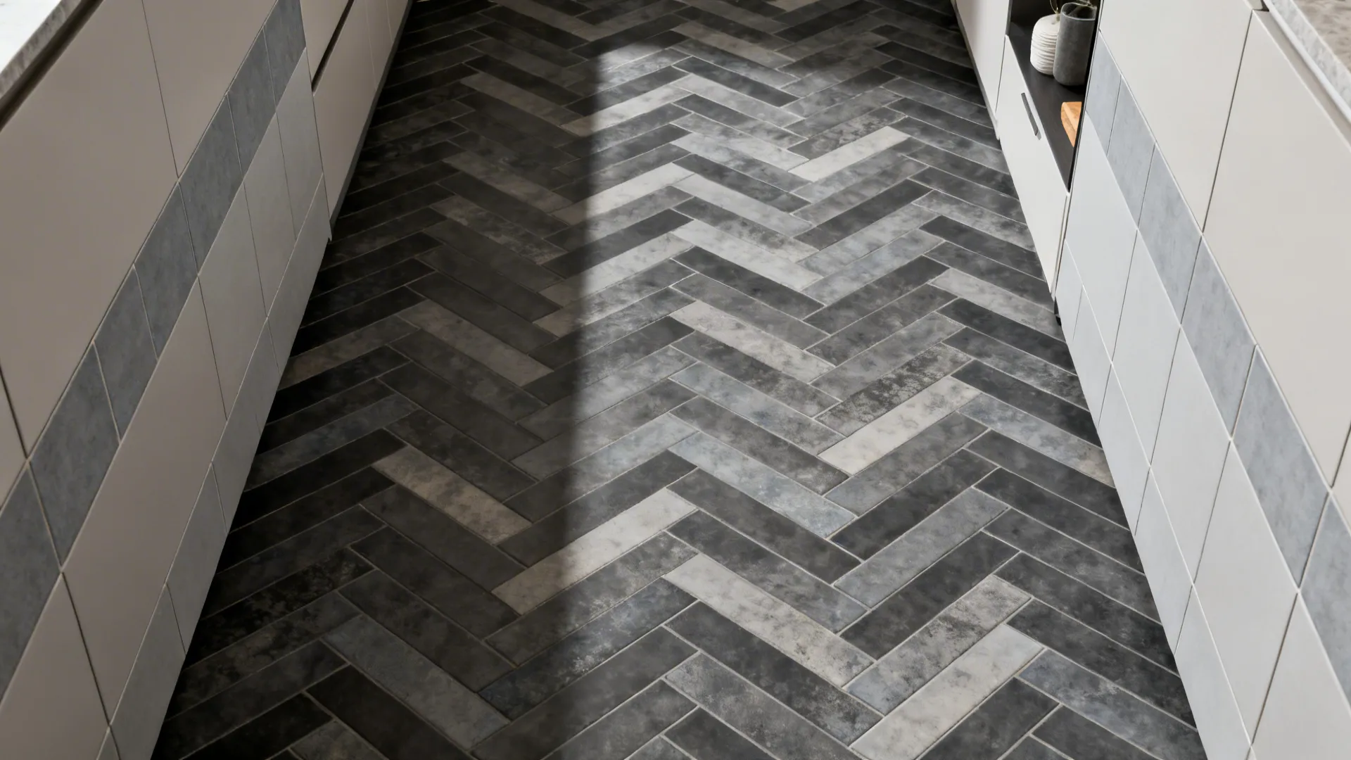 Top-down view of a galley kitchen with charcoal herringbone floor and pale gray walls.