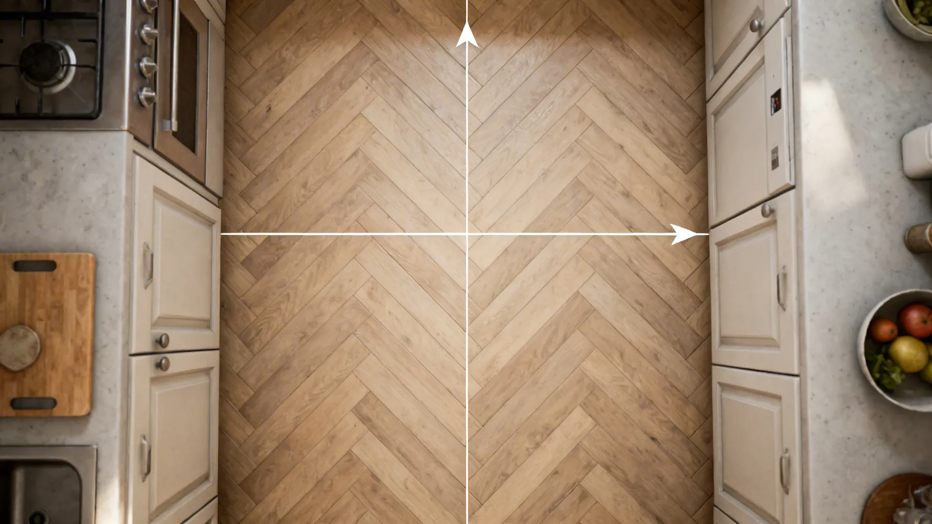 Top-down view illustrating herringbone layout alignment along the longest sightline.