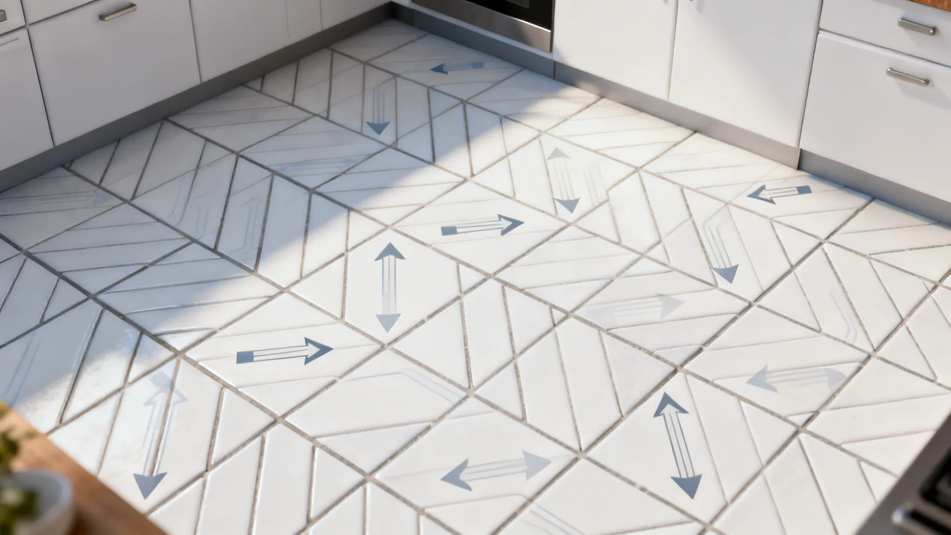 Top-down view showing a white herringbone tile pattern with subtle grout.