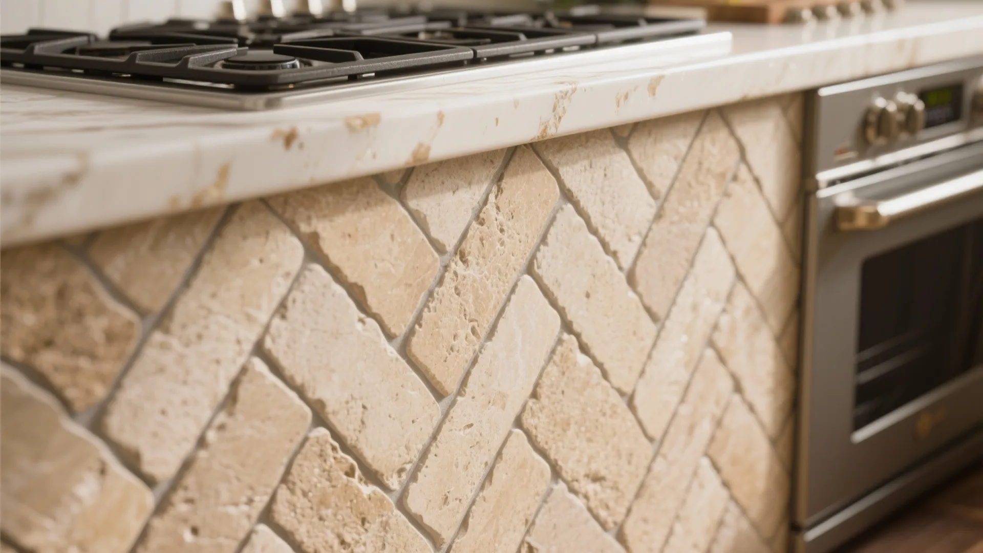 1. Classic Herringbone with Warm Travertine