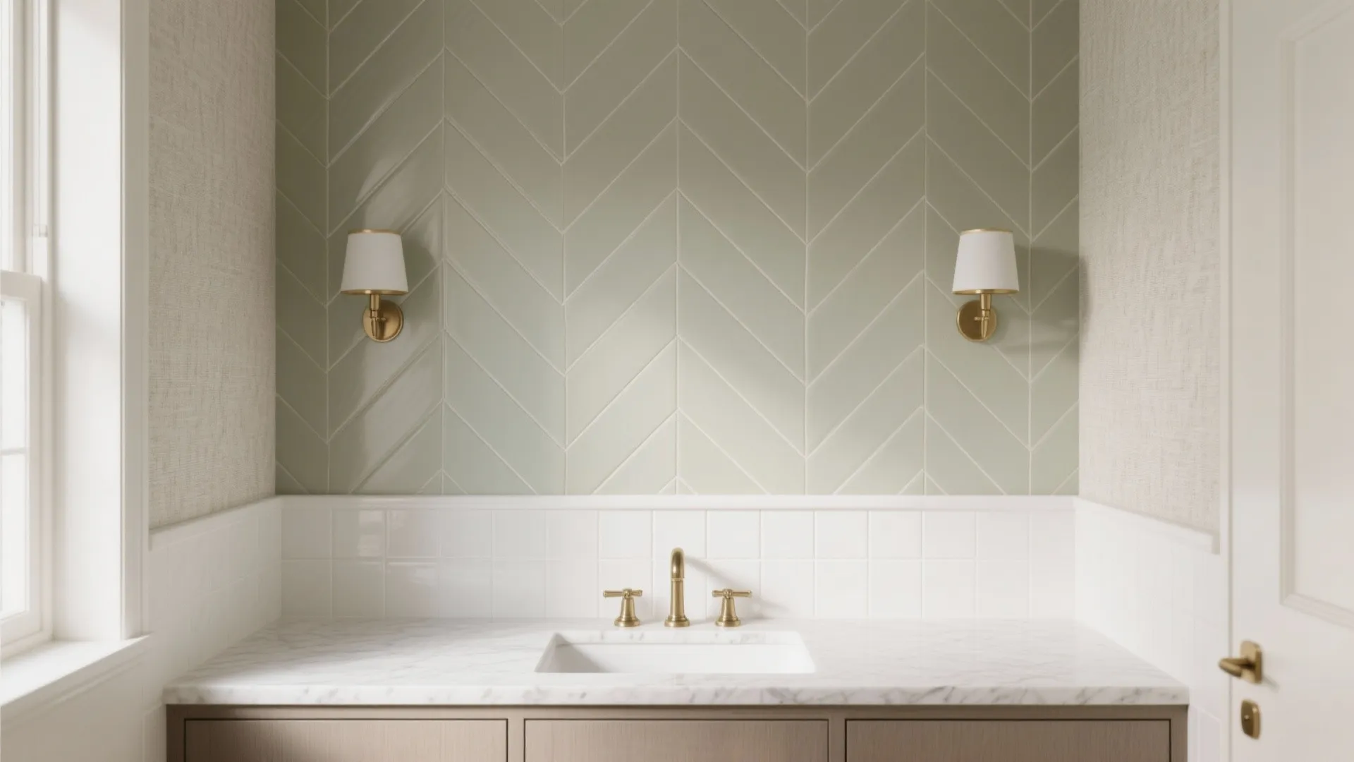 Herringbone tile feature wall behind a vanity with quiet linen-look wallpaper elsewhere.