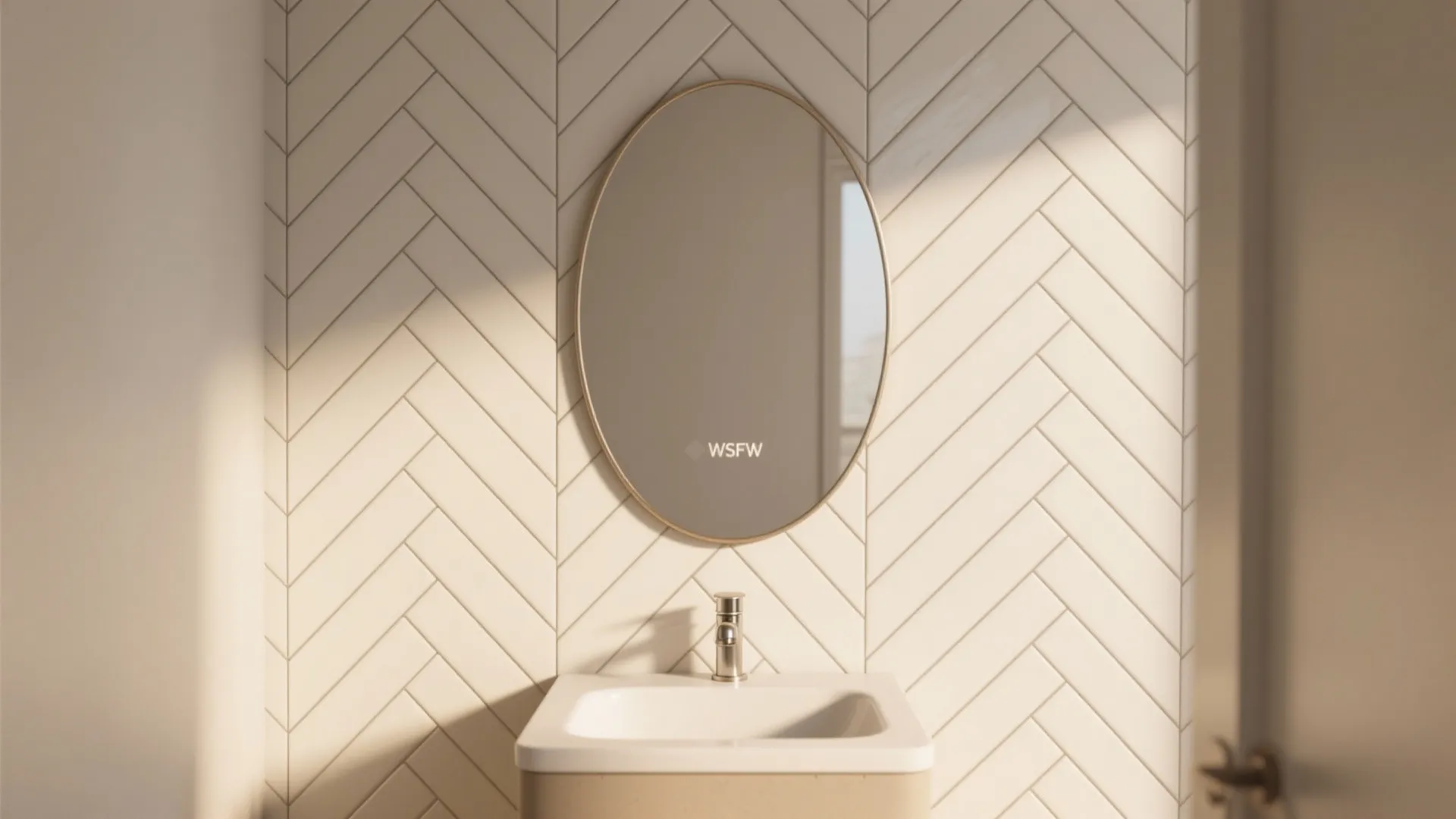Minimalist bathroom sink with oval mirror mounted on a white wall with a pattern design