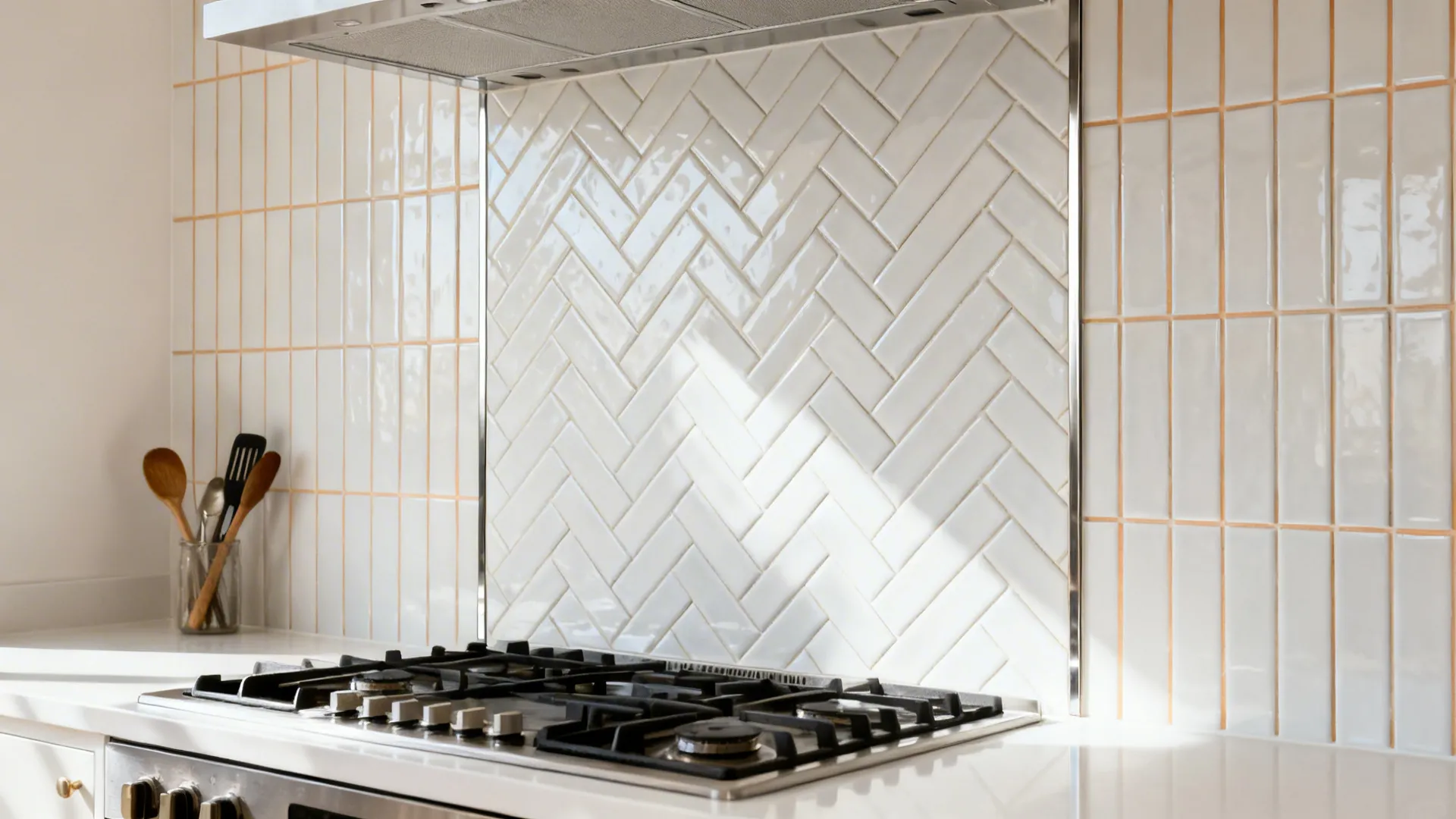 Kitchen feature wall with herringbone tile panel and vertical stack tiles on adjacent walls.
