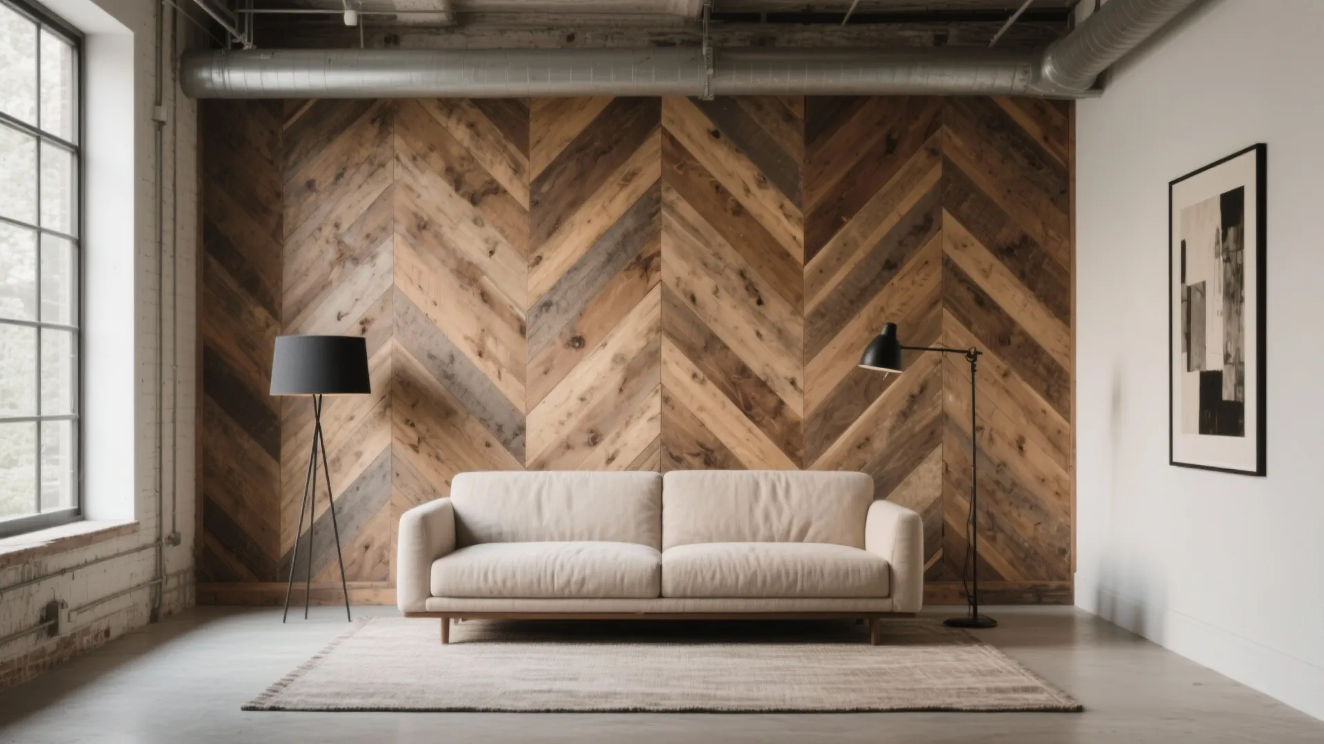 Modern living room with beige sofa white rug and large wooden wall panel with pattern