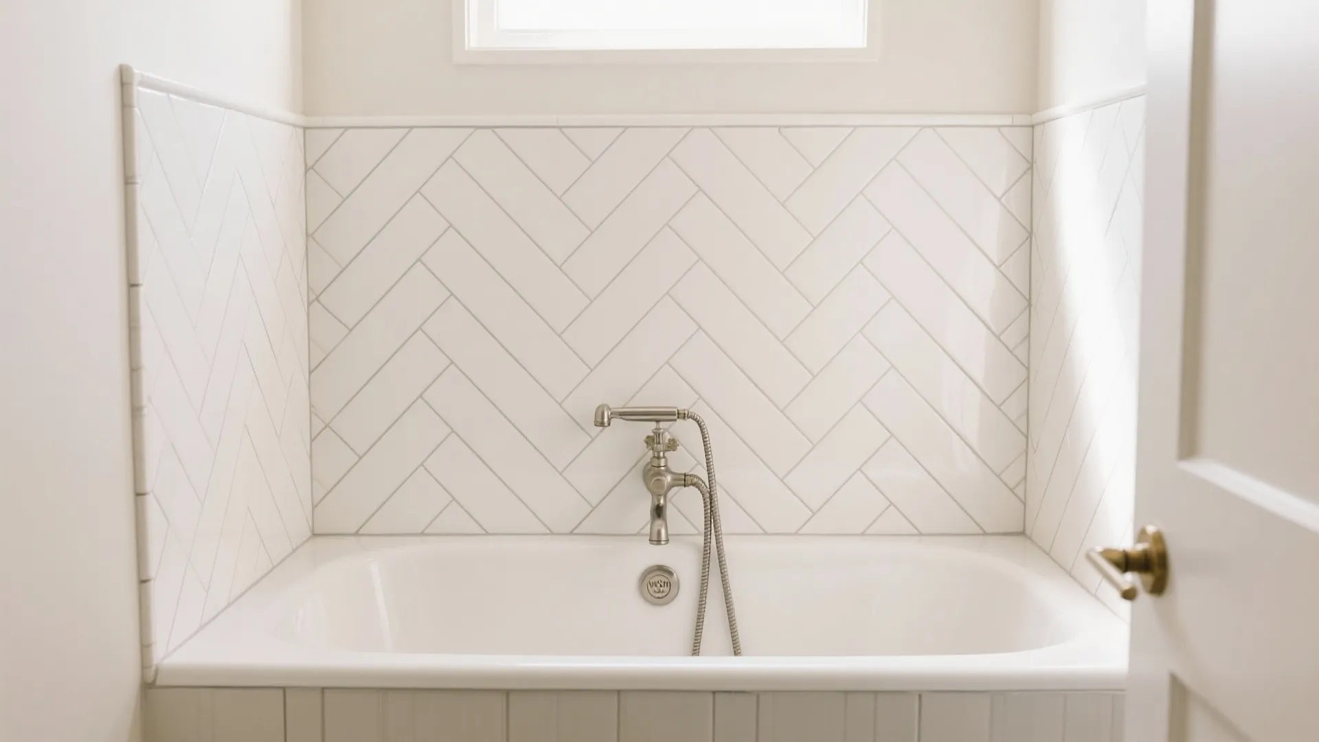Modern white bathtub with metal faucet and herringbone pattern wall tiles under a small window