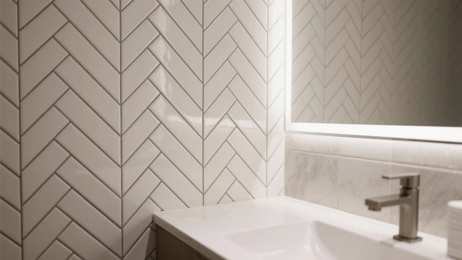 White tiles in herringbone pattern on bathroom wall with a white sink and silver water tap