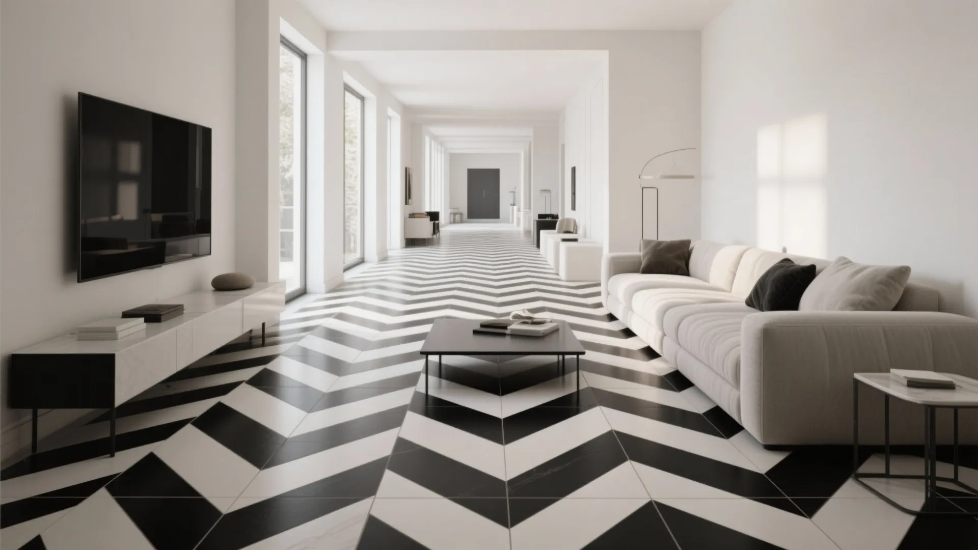 Spacious interior hallway showing black and white zigzag floor tiles with white sofa and wall television