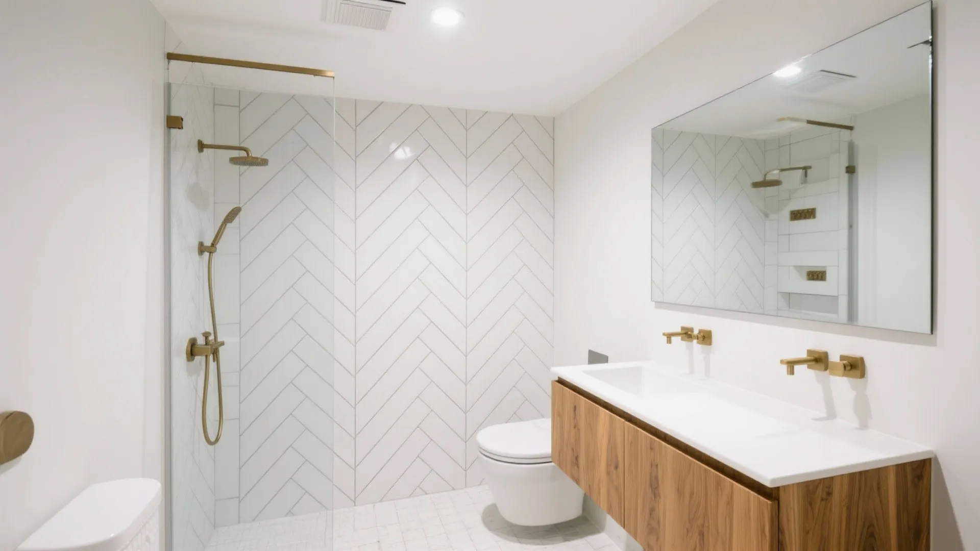 Bright white bathroom featuring herringbone wall tiles wooden cabinet gold light fixtures and large mirror