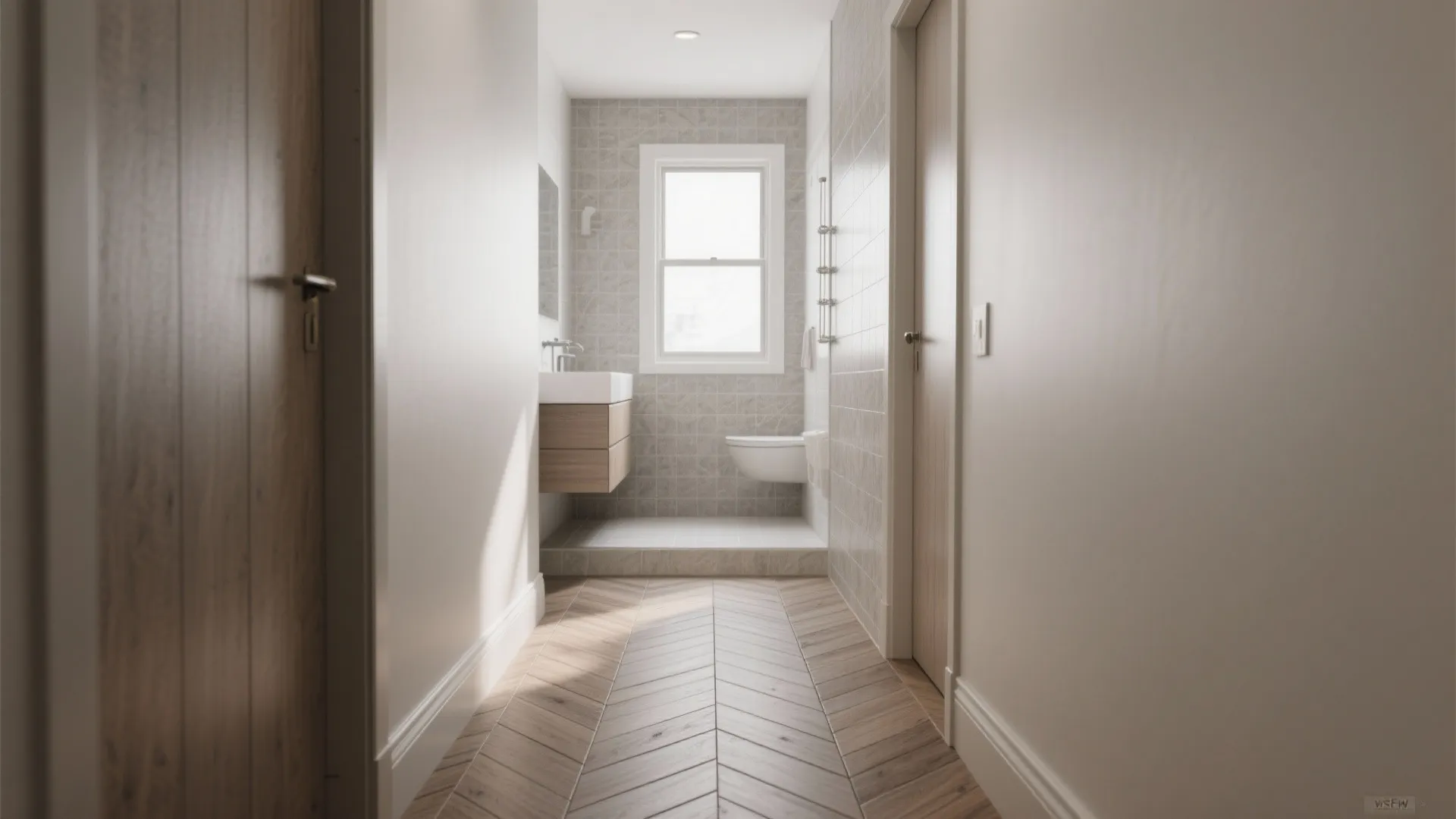 Hallway with wooden floor leading to a bathroom with white sink toilet and bright window