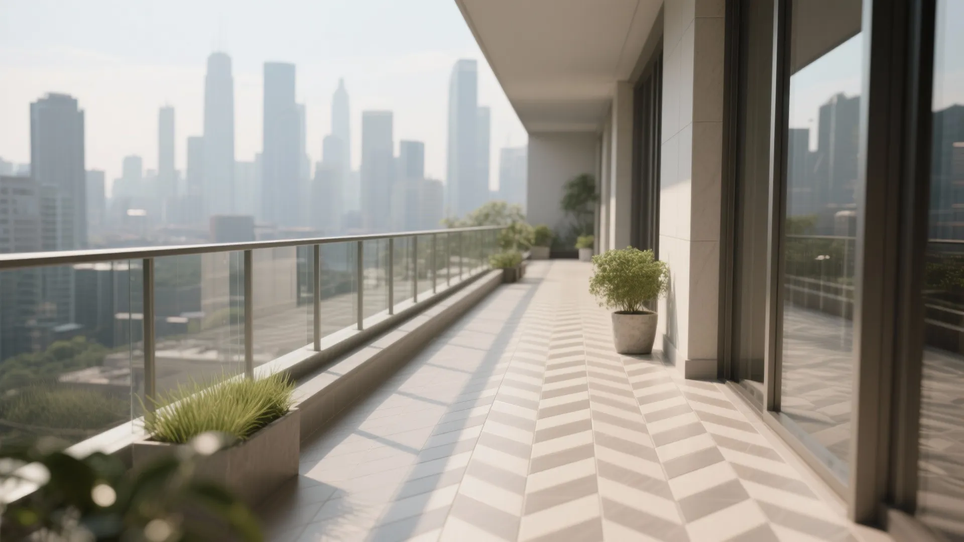 Modern balcony with patterned tile floor glass railing green plants and a city skyline view