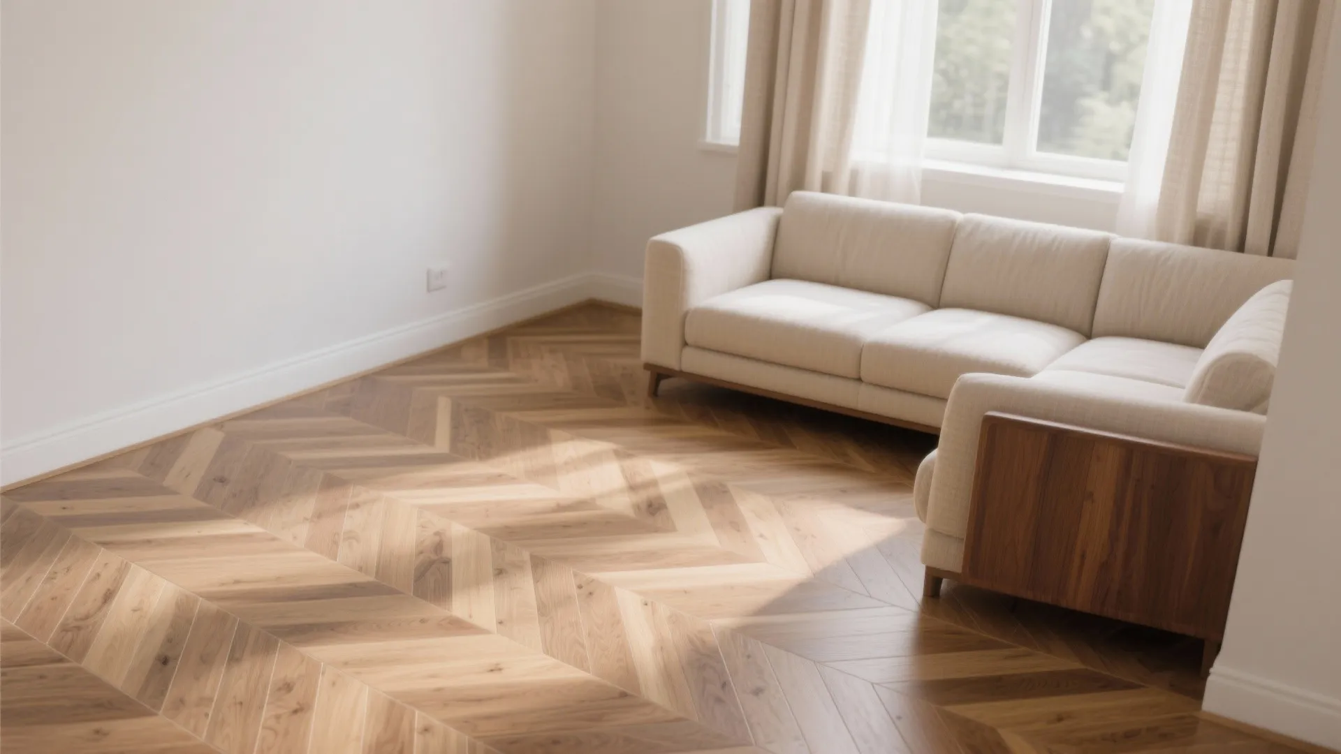 Wood-look porcelain in herringbone for cozy texture
