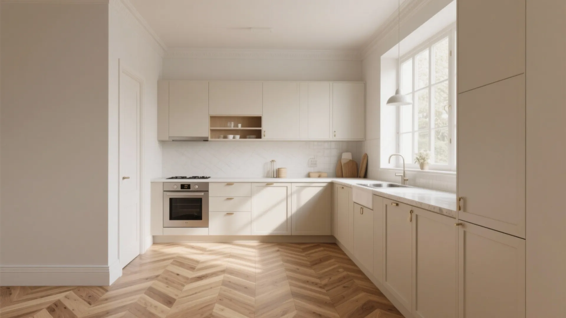 Modern cream kitchen with white cabinets herringbone wood floor large window and built in oven