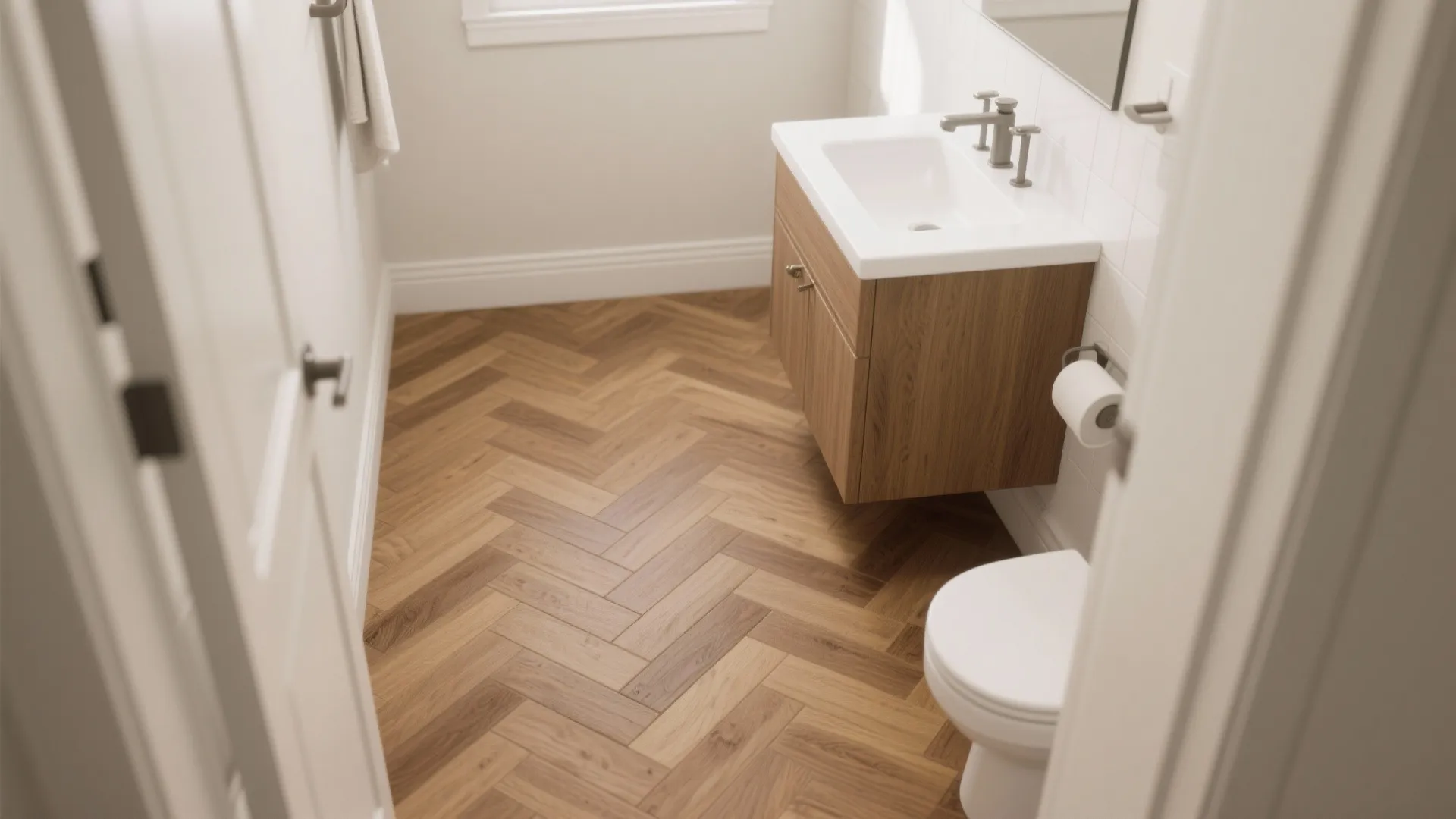 Herringbone wood-look tile for warmth