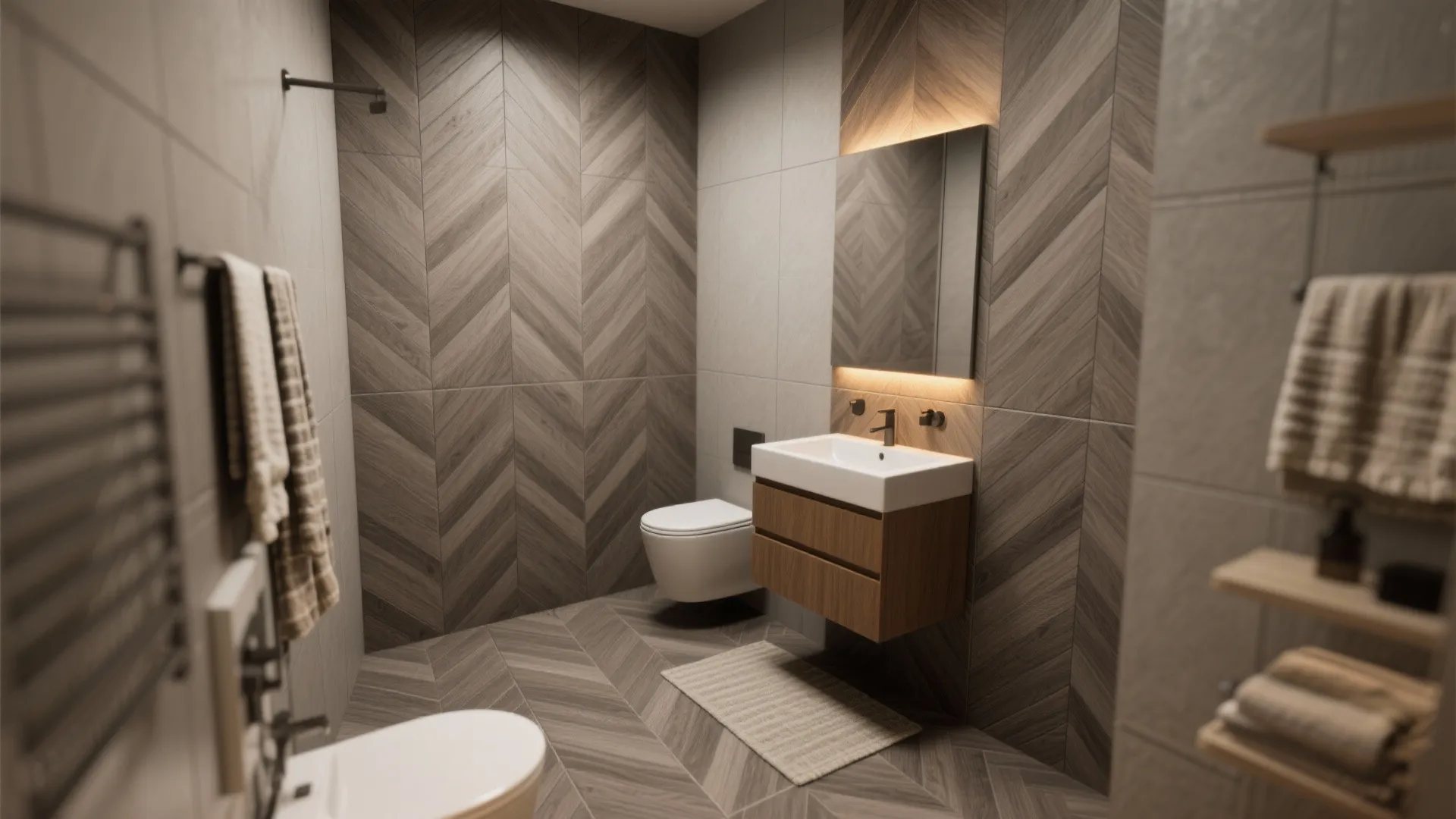 3. Herringbone gray wood-look tiles