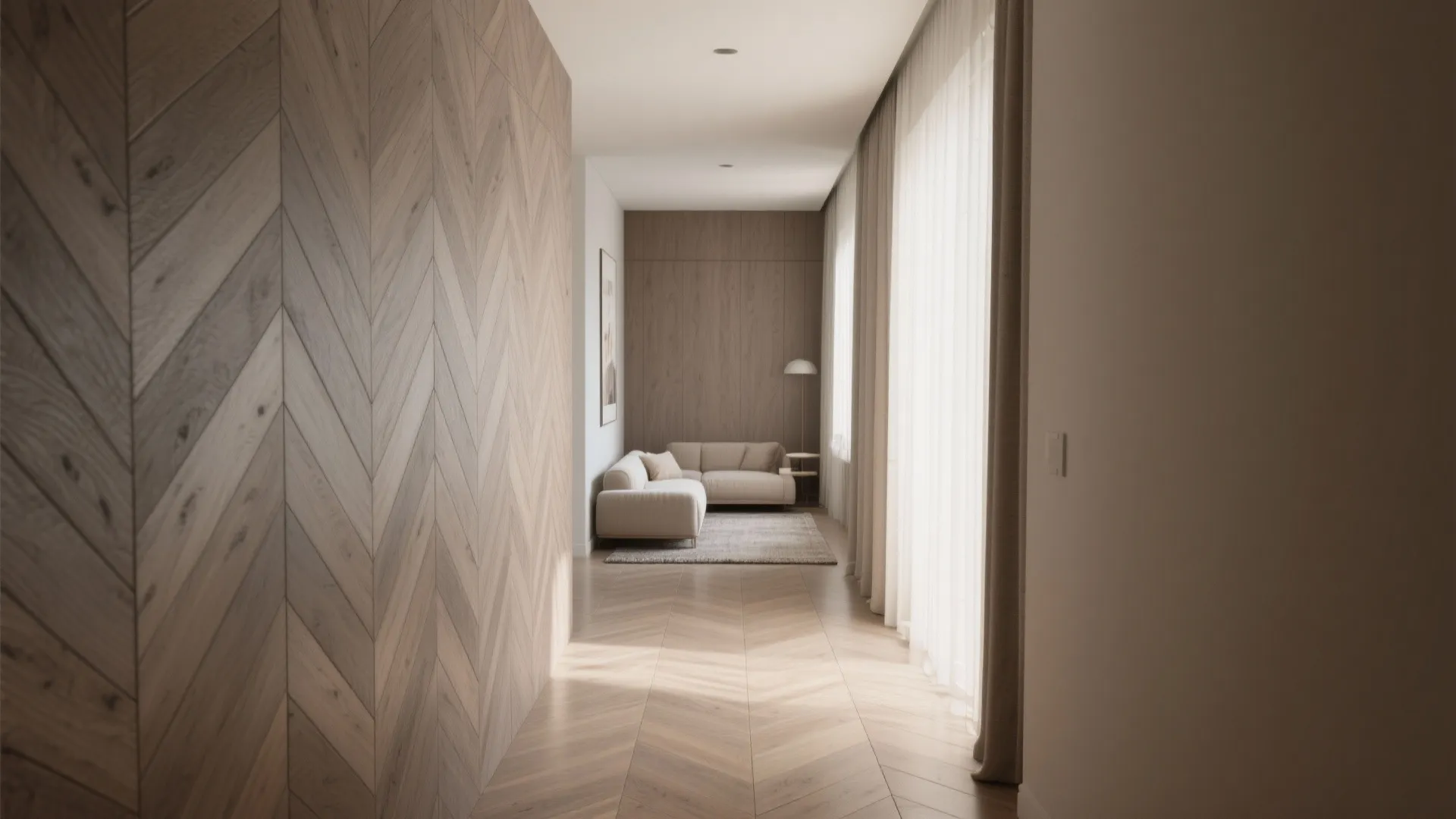 Interior hallway with herringbone pattern wood wall panel wooden floor and sofa in the background