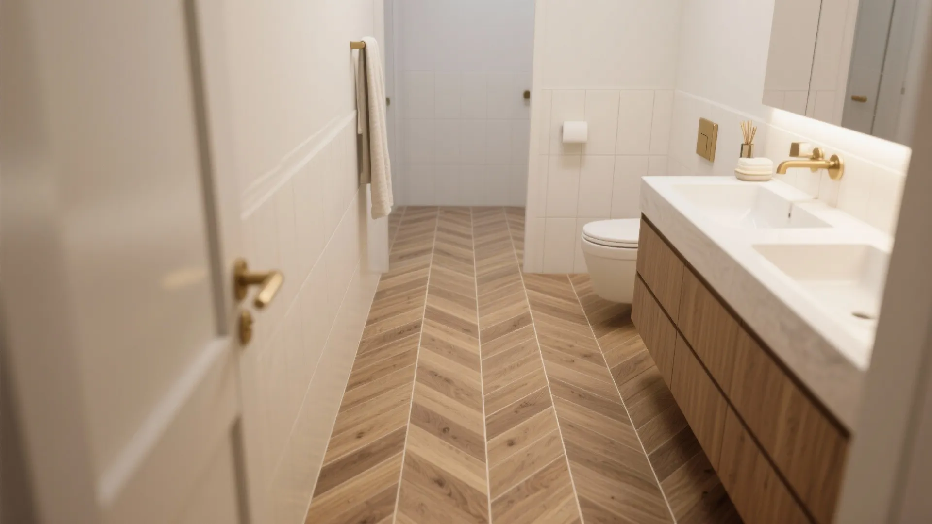 3) Herringbone plank porcelain that elongates the room