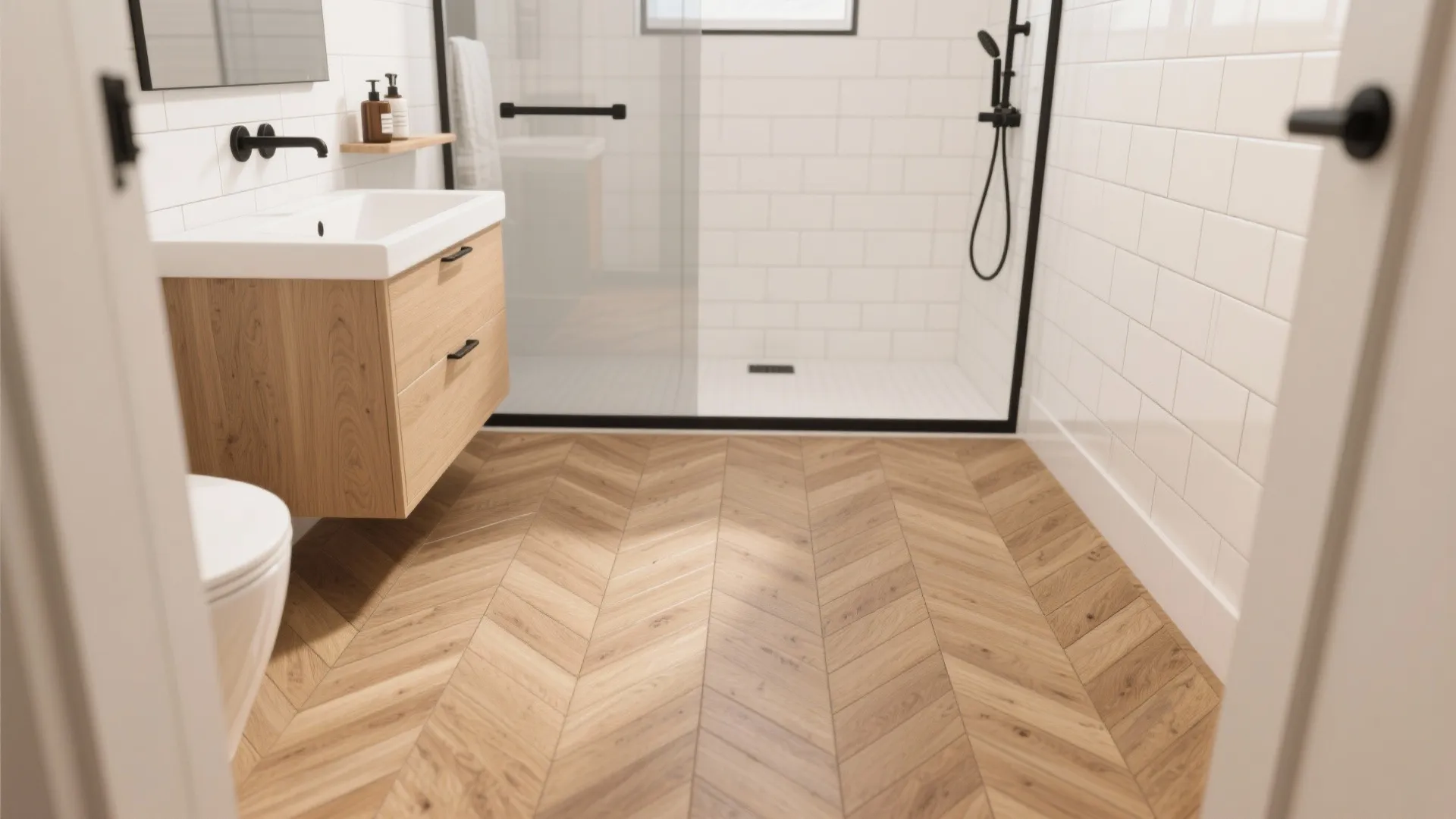 Porcelain wood-look herringbone floor in mid-tone oak elongates a bathroom with simple subway walls.