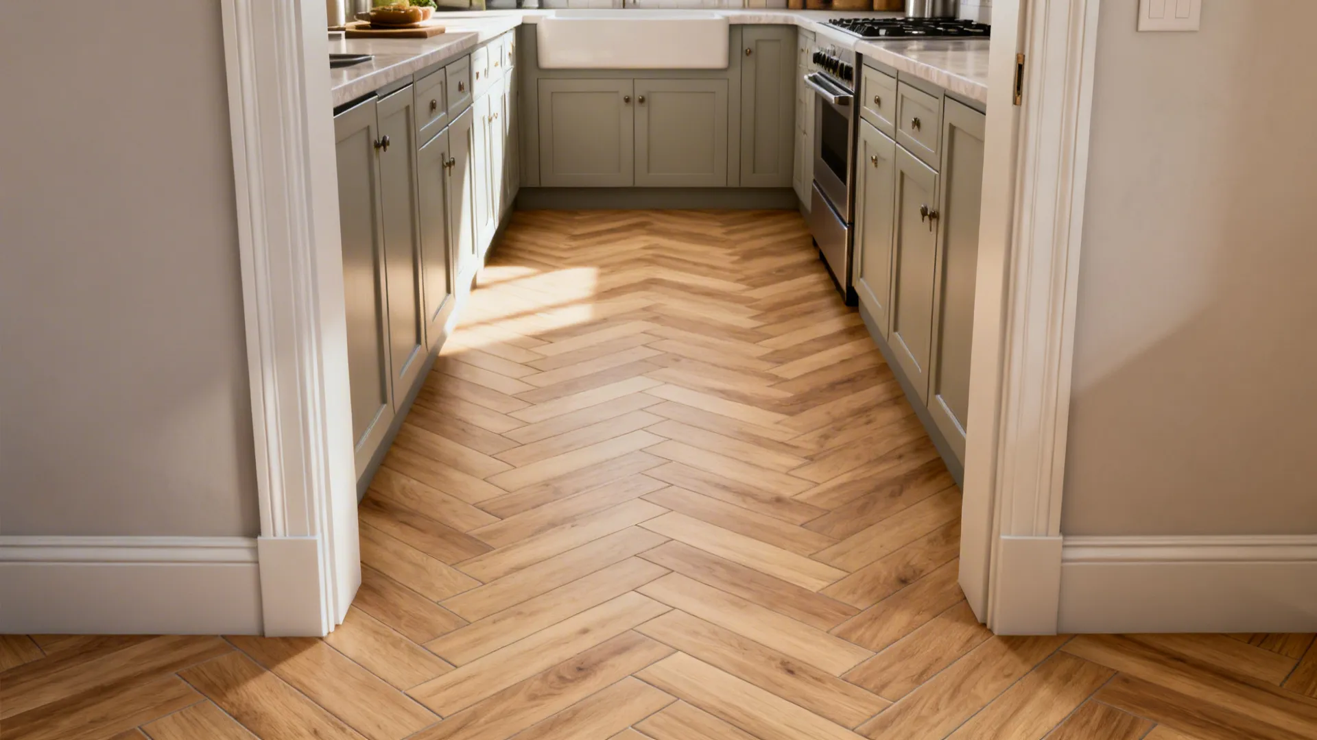 Small galley kitchen with mid-tone wood-look porcelain planks in a herringbone pattern.