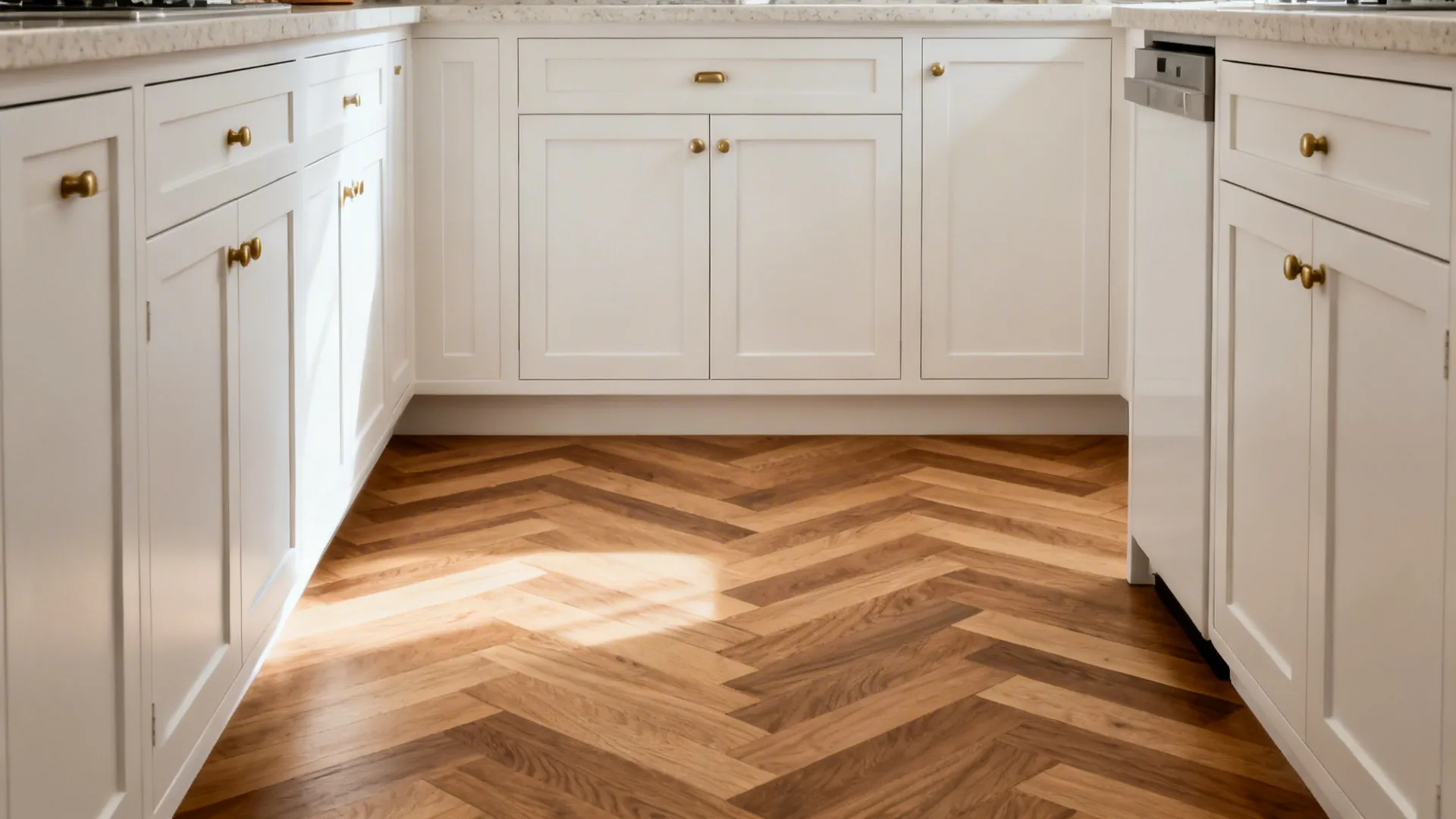 White kitchenette with mid-oak herringbone wood-look planks adding warmth and texture.