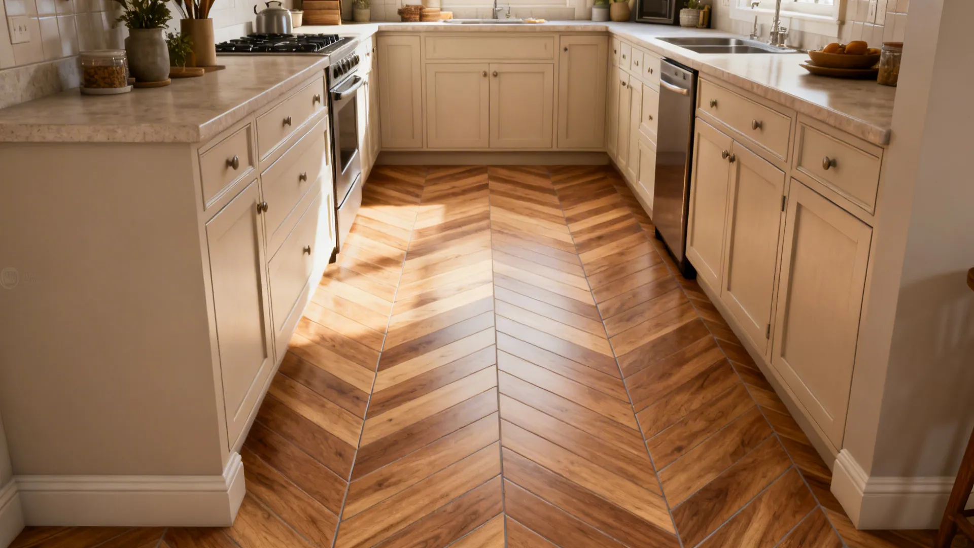 Kitchen with white cabinets and brown wood floor laid in a V shaped pattern style