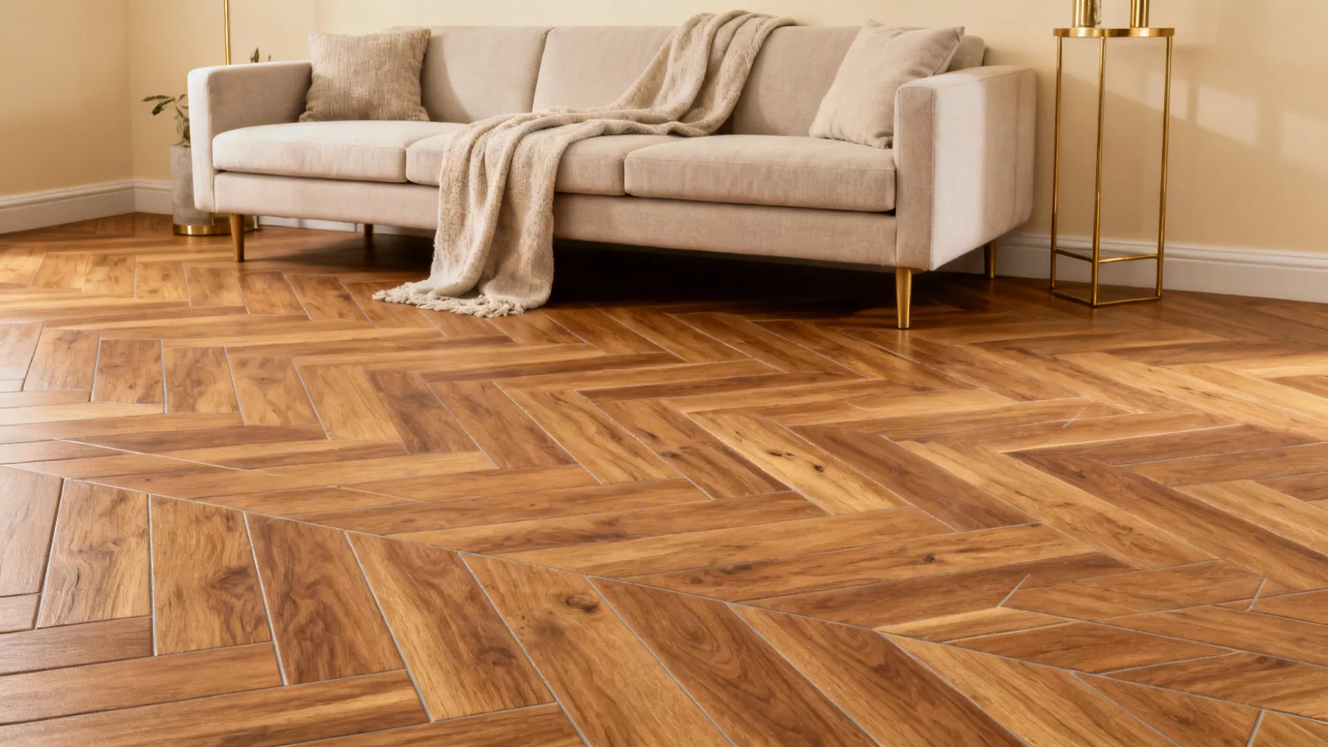 Warm herringbone wood-look porcelain tiles add movement in a small living room.