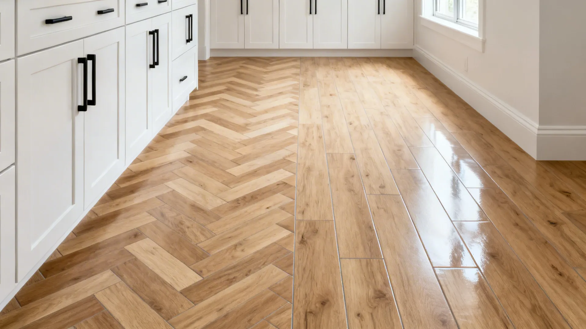 Compact kitchen with wood-look porcelain planks in a tight herringbone pattern.