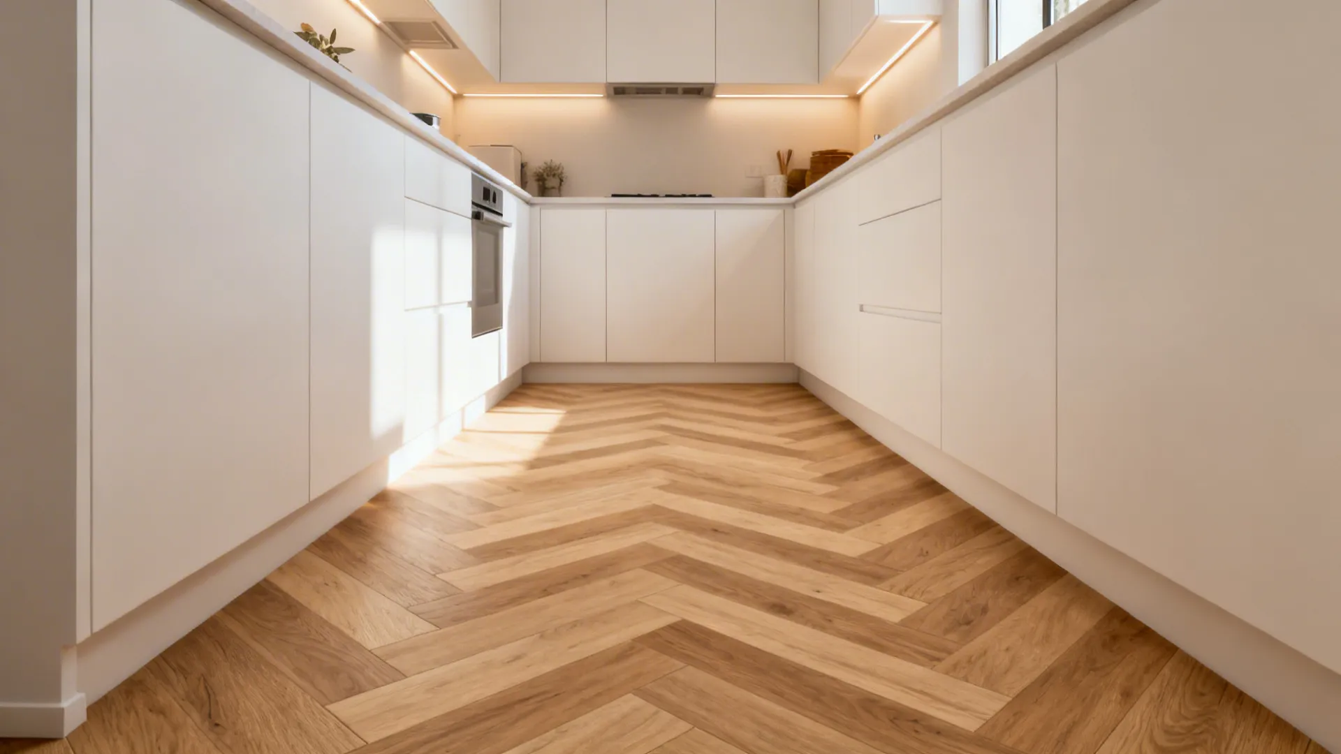Herringbone wood-look porcelain in light oak visually widens a narrow small kitchen.