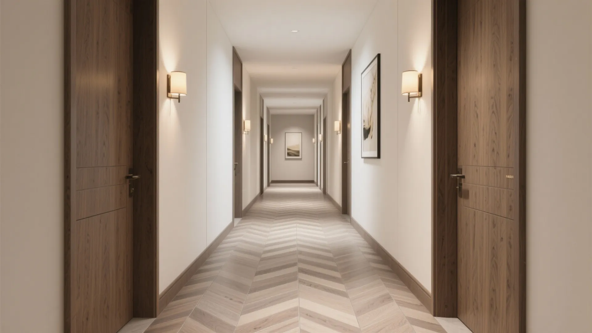 Long narrow hotel hallway with wooden flooring pattern wall light fixtures and many brown doors