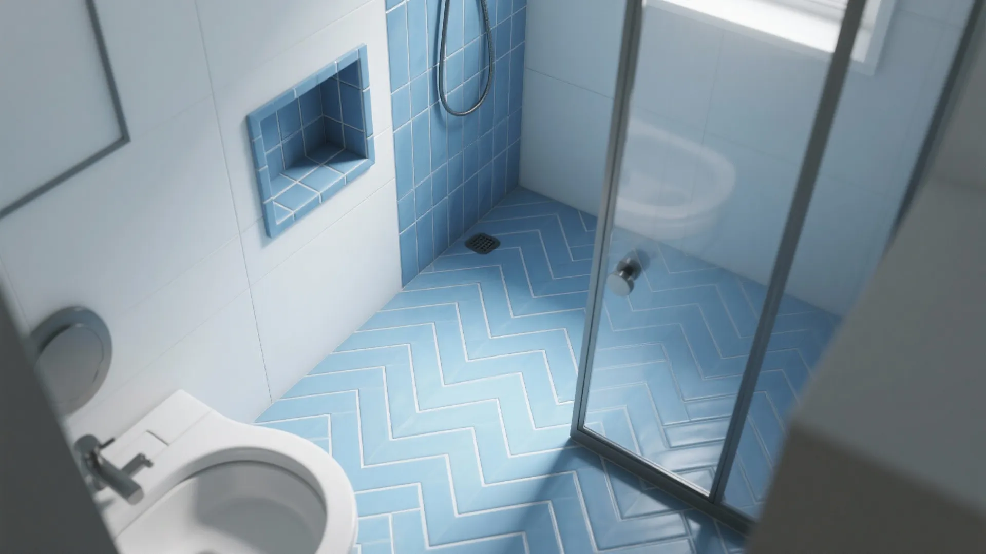 Bathroom interior design drawing featuring light blue zigzag pattern floor tiles and white wall tile layout