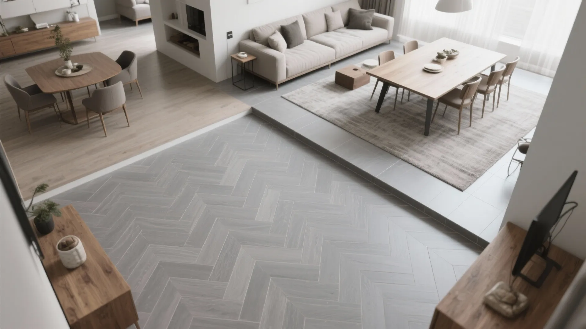 Large open plan house interior showing grey wood floor dining table sofa and modern kitchen area