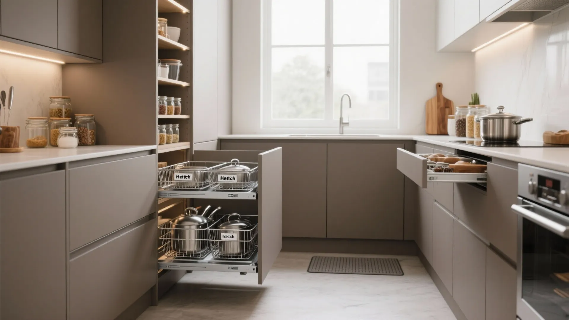 Modern kitchen featuring open drawers holding metal pots and tall storage shelves near a window