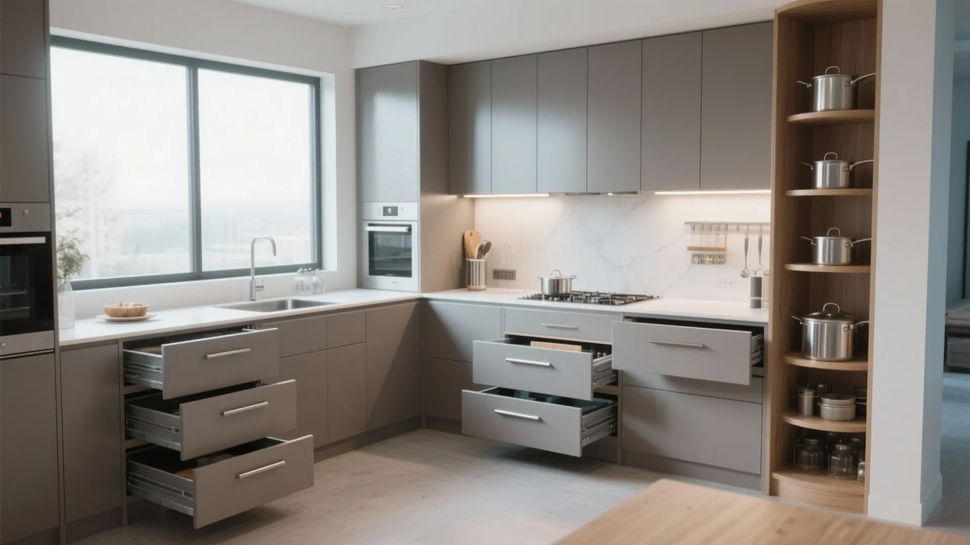 Modern grey kitchen with open drawers, white marble backsplash, wooden shelves, sink, and large window