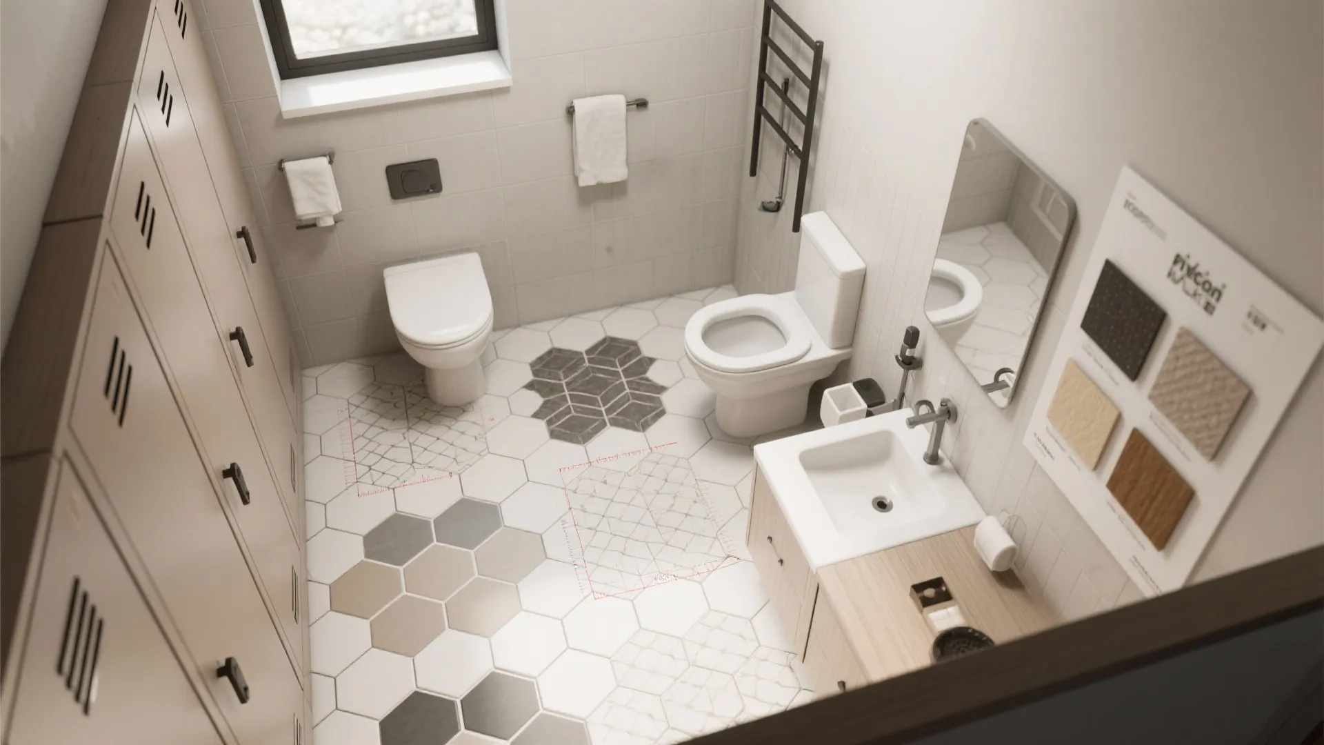 Interior design drawing of a small bathroom with hexagon floor tiles sink toilet and lockers