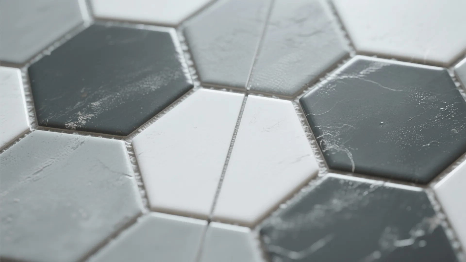 Close up view of grey and white hexagon floor tiles with clean white grout lines