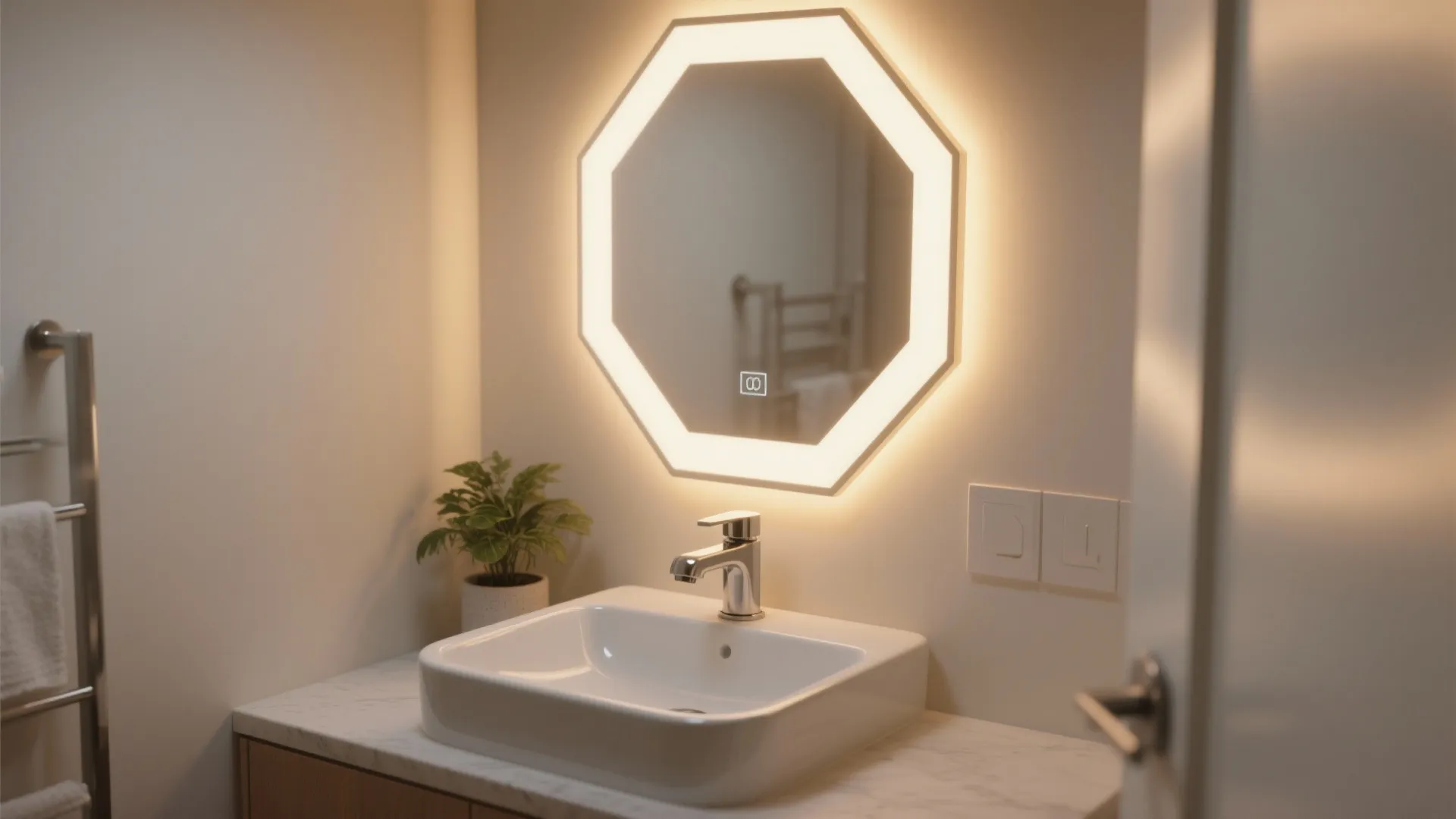 5. Backlit hexagon mirrors and vanity lights