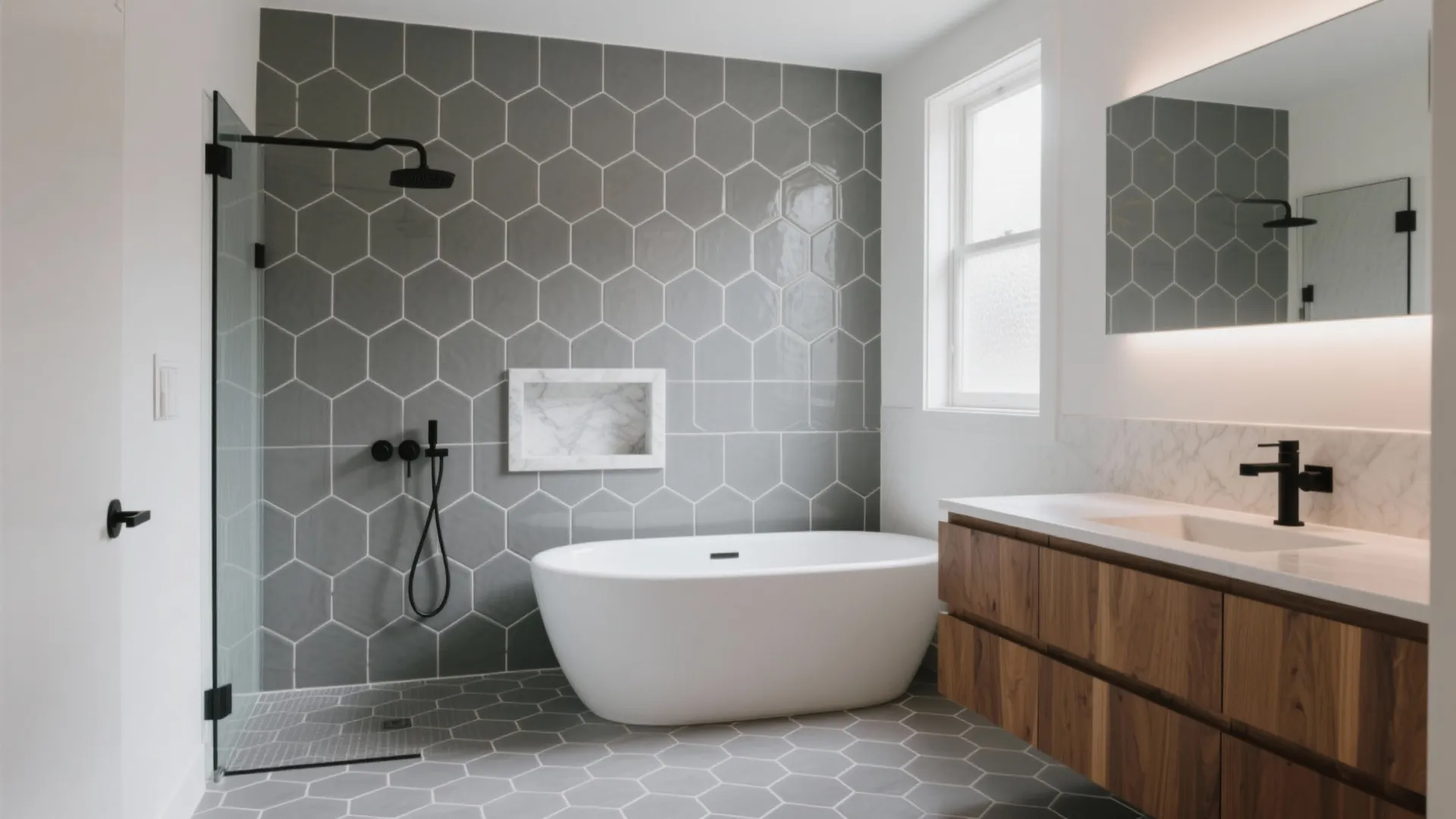 Modern bathroom with grey hexagon wall tiles white bathtub wooden cabinet and black shower fixtures