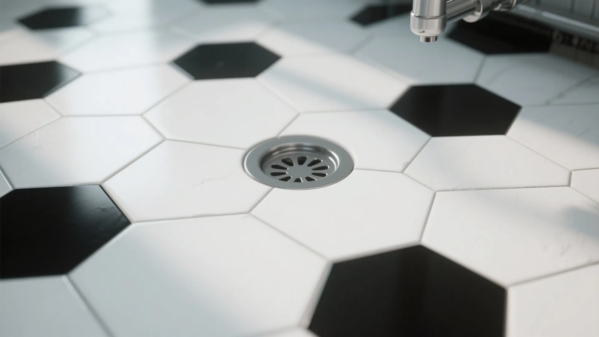 Macro view of white hex tiles with black accents and detailed grout around a drain.