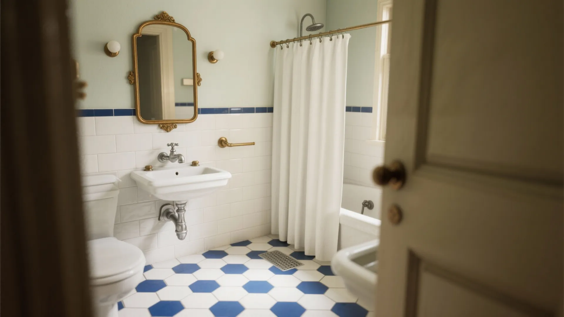 Classic Blue-and-White Hex with Warm Brass