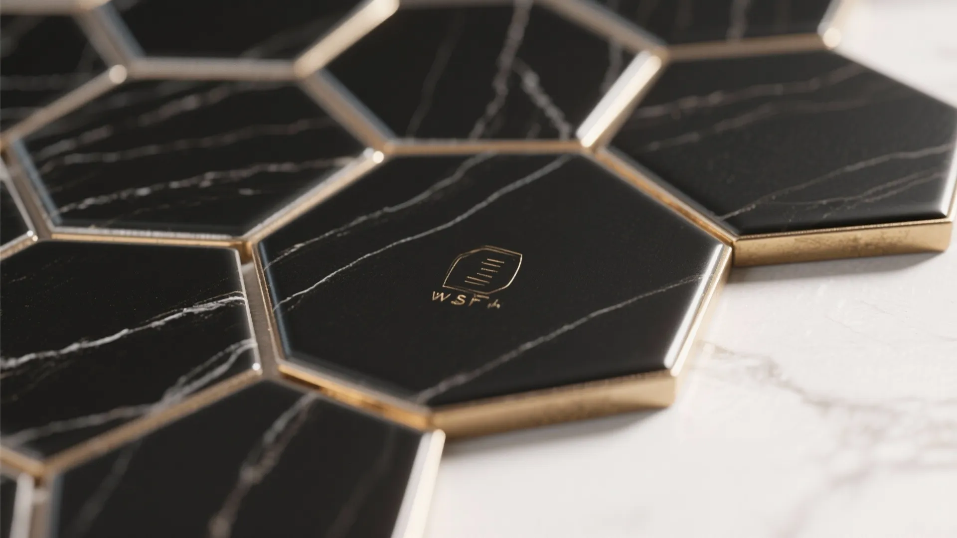 Black Hex Floors with Warm Metal Accents