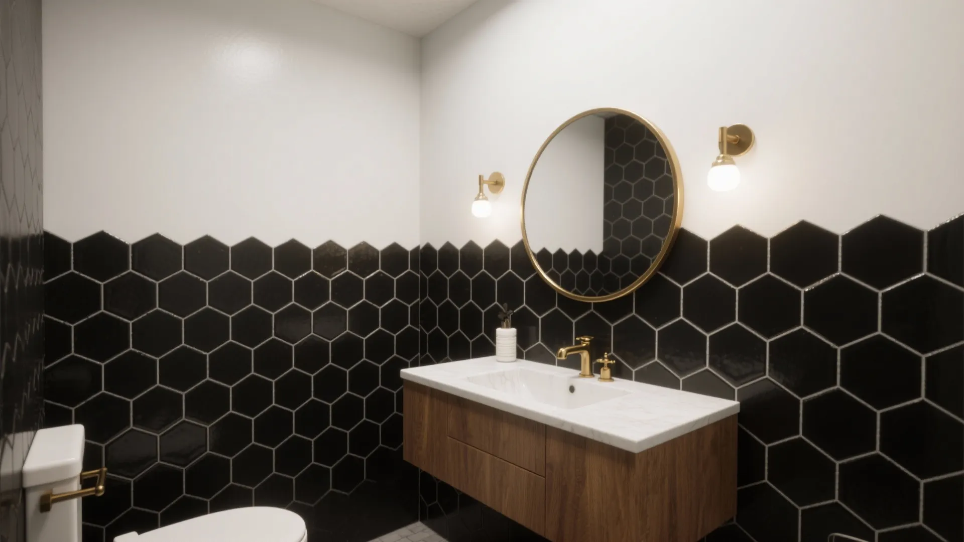 Remodeled powder room with 2-inch matte black hex tiles, white grout and floating oak vanity