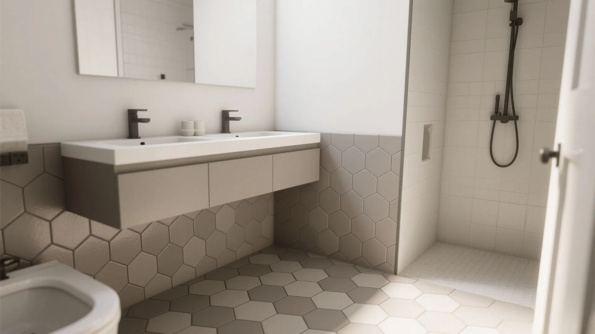 Hexagon mosaics that climb from floor to feature wall