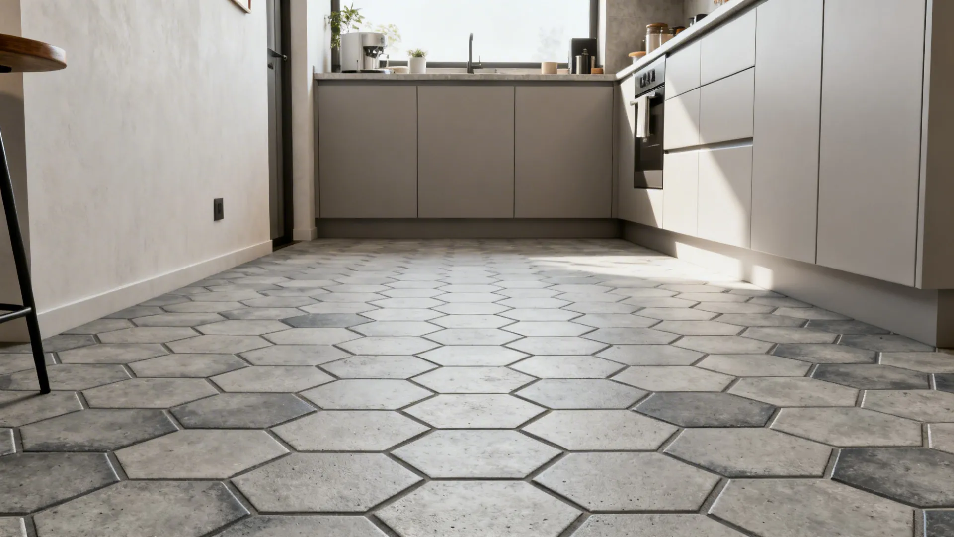 Small minimalist kitchen with 2-inch gray hexagon cement-look porcelain mosaic floor.