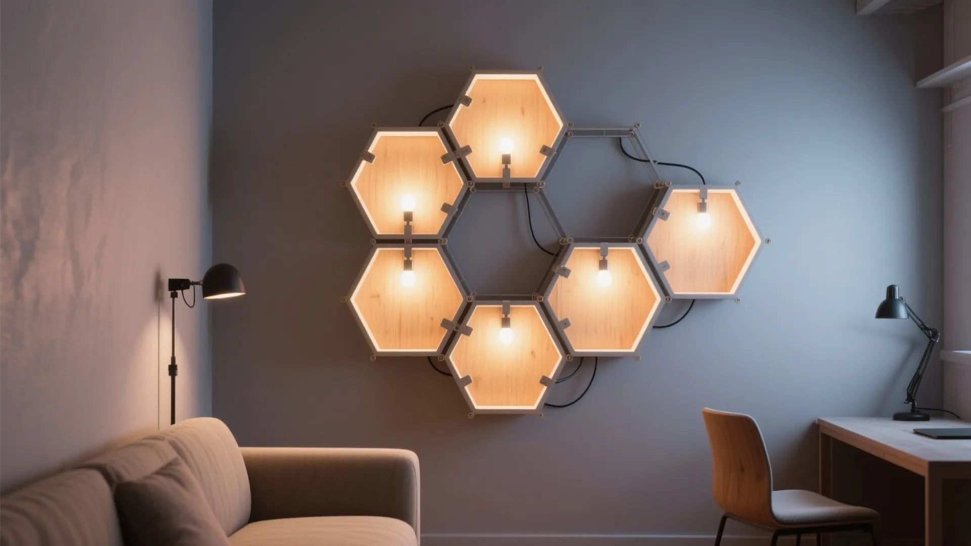 Expandable honeycomb hexagon light cluster on a studio feature wall above a small desk