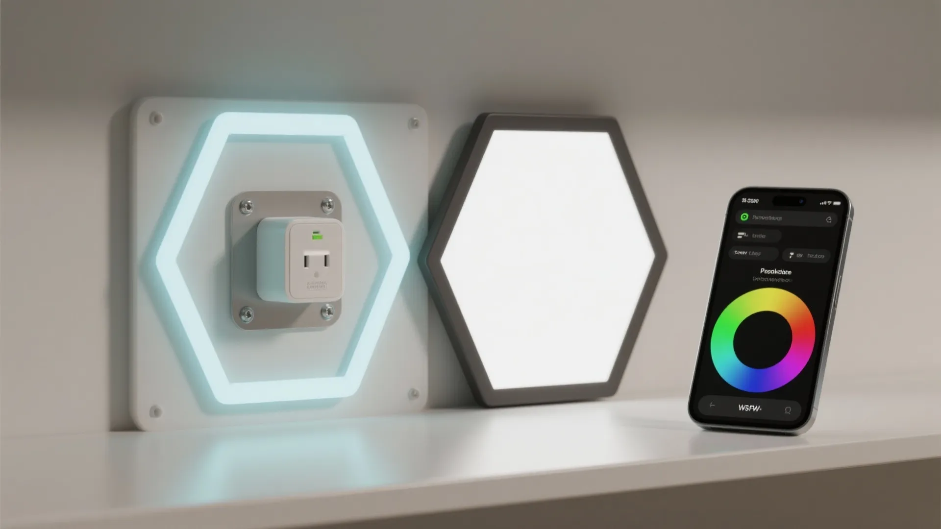 Hexagon LED panel components with adhesive mounts, power hub, and phone controls displayed on a shelf