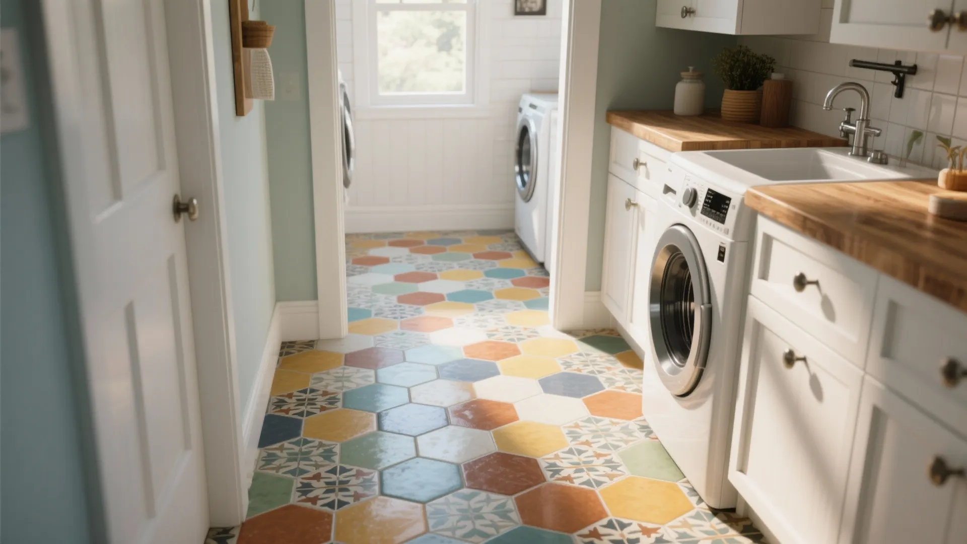 Bright laundry room with colorful hexagon floor tiles white cabinets wooden countertop and a washing machine