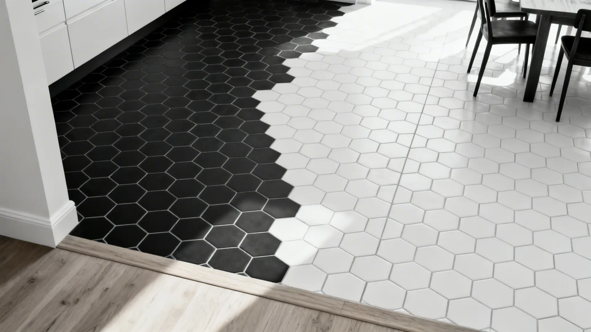 Top-down view of black hex tiles dissolving into white hex tiles across a small kitchen floor.