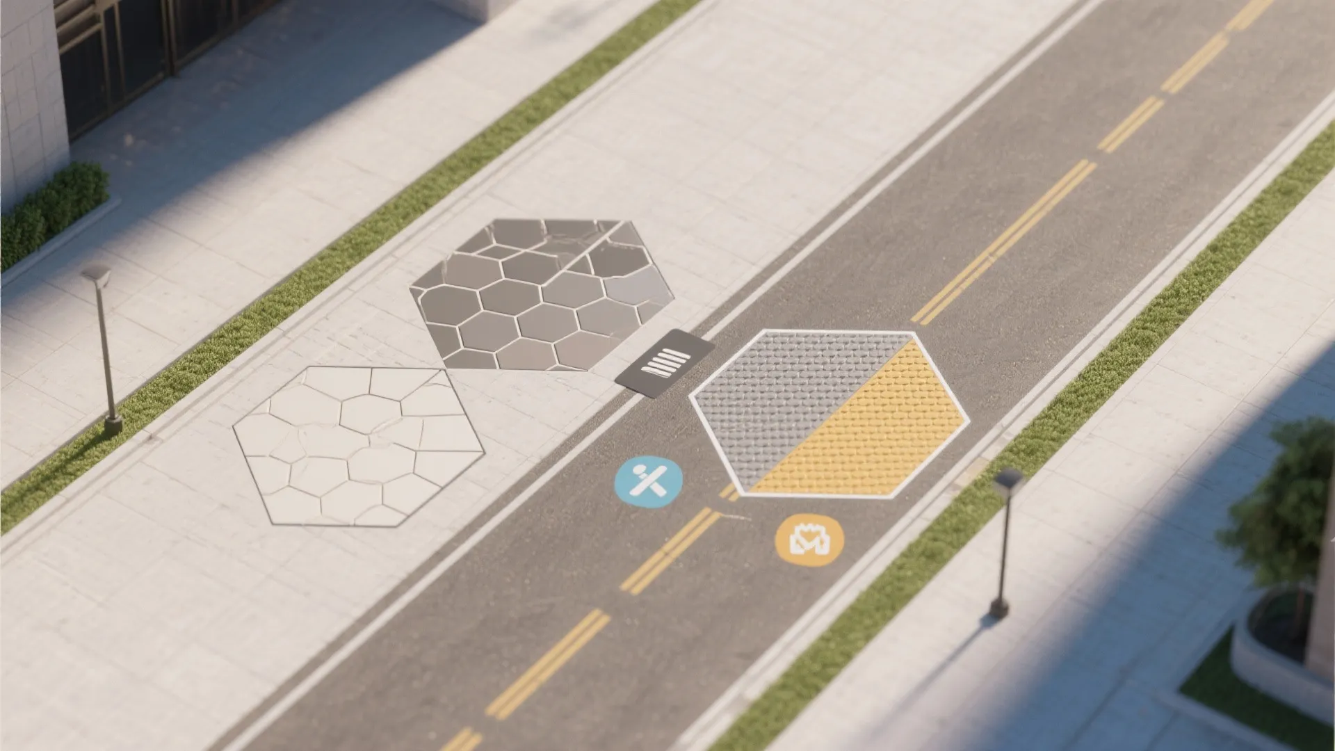 Three different hexagon tile designs showing grey and yellow colors on a street and sidewalk