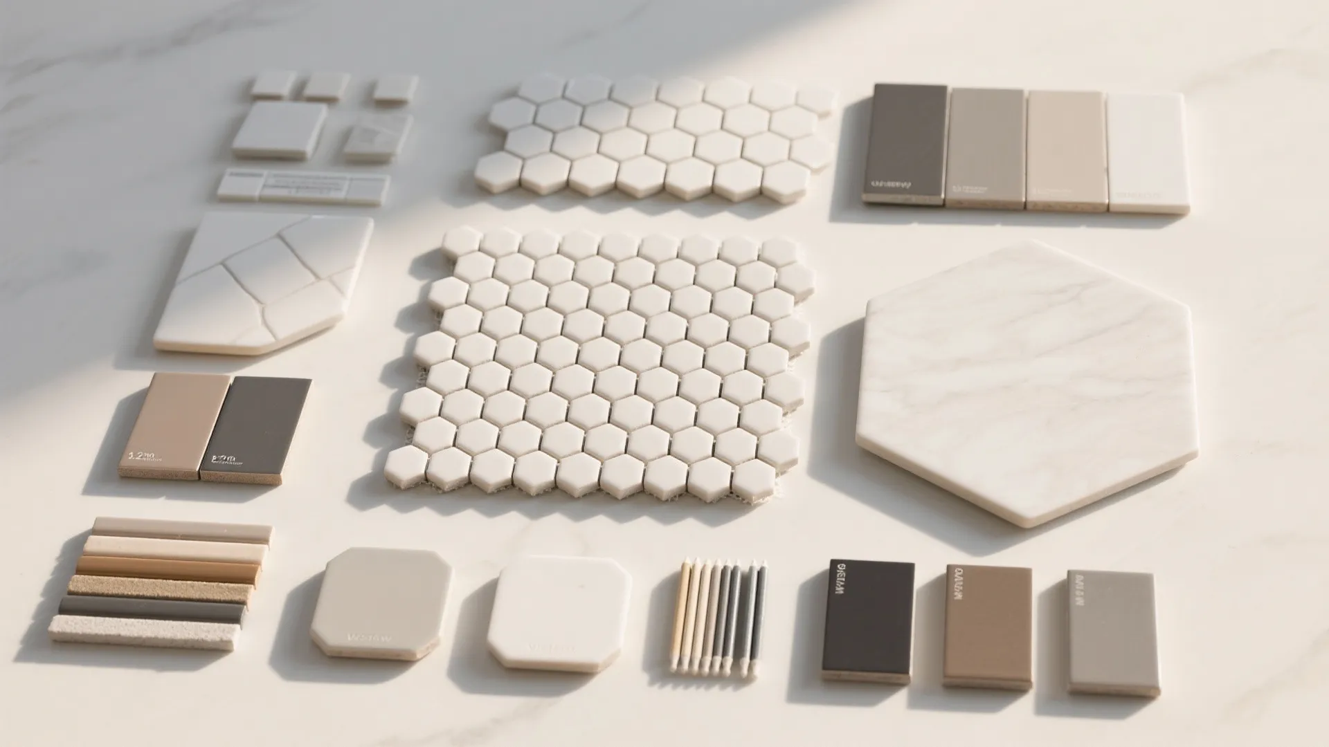 Collection of various tile samples including hexagon shapes and marble patterns on a white surface