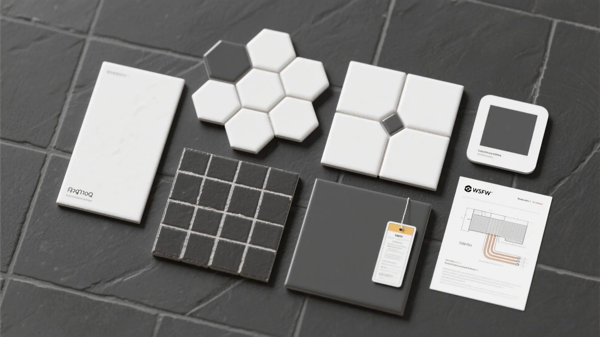 Flatlay of hex tile size samples, grout swatches and underfloor heating compatibility diagram